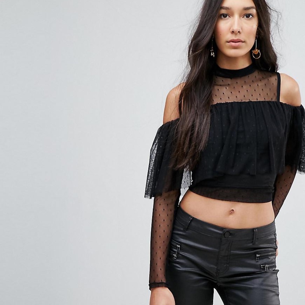 TFNC London mesh cold shoulder crop top
